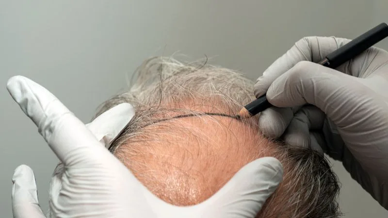 Dokter menandai garis rambut sebelum tindakan hair transplant di Agneskin